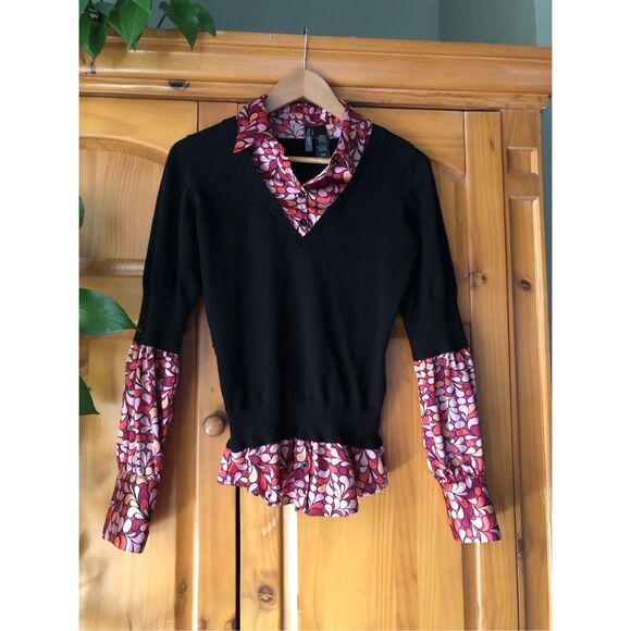 Bisou Bisou Michele Bohbot Sweater Size M Faux Collared Shirt Black V-Neck - Picture 3 of 11